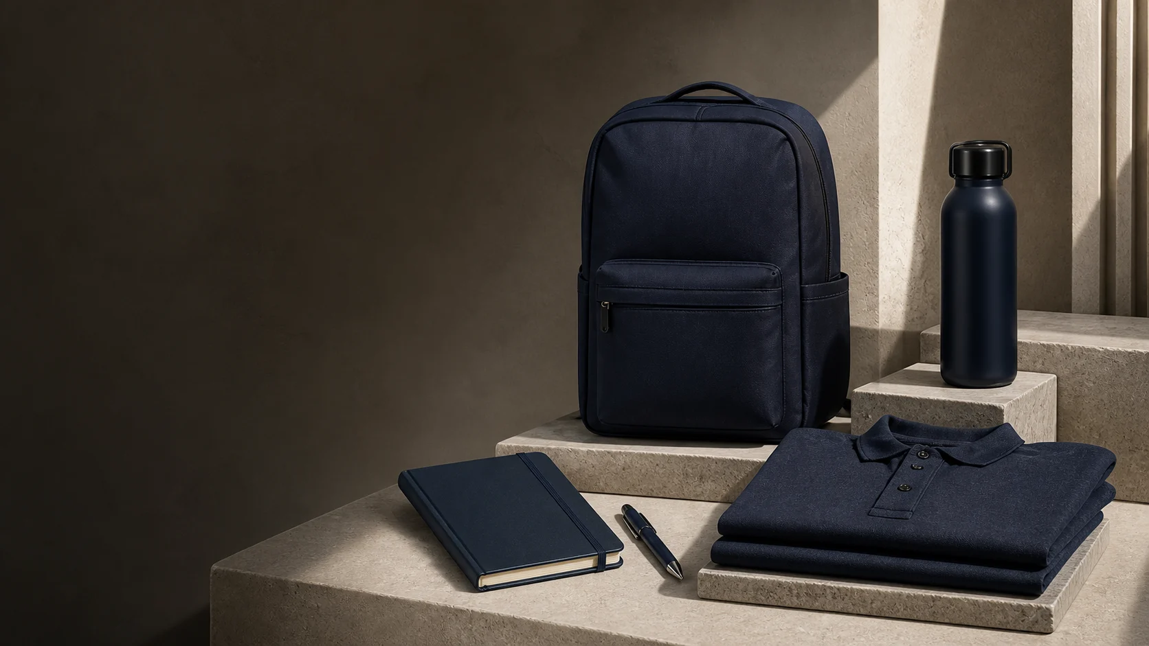 A coordinated collection of corporate merchandise including a backpack, notebook, bottle, pen and apparel